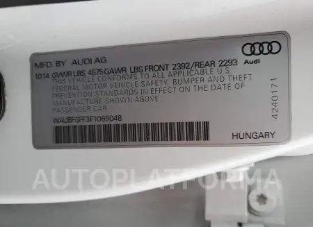 AUDI S3 PREMIUM 2015 vin WAUBFGFF3F1069048 from auto auction Copart