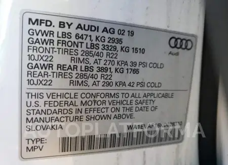 AUDI Q8 PREMIUM 2019 vin WA1EVAF16KD028310 from auto auction Copart