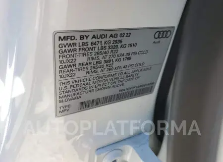 AUDI Q8 PREMIUM 2022 vin WA1EVBF19ND018266 from auto auction Copart