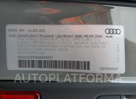 AUDI S5 PREMIUM 2021 vin WAUC4CF55MA029237 from auto auction Copart