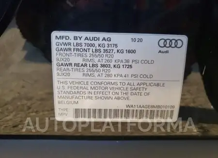 AUDI E-TRON SPO 2021 vin WA11AAGE8MB010109 from auto auction Copart