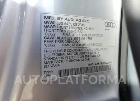 AUDI Q8 PRESTIG 2020 vin WA1FVAF13LD022809 from auto auction Copart