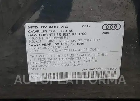 AUDI E-TRON PRE 2019 vin WA1VABGE2KB014953 from auto auction Copart