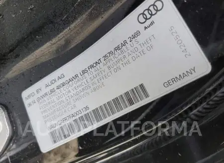 AUDI S5 PRESTIG 2015 vin WAUVGAFR7FA003135 from auto auction Copart