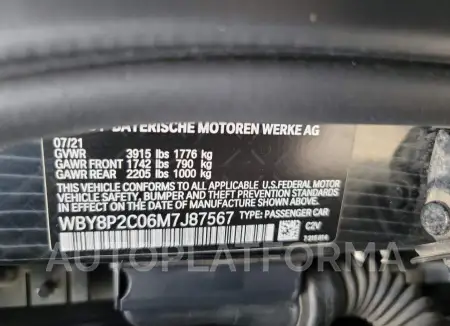 BMW I3 BEV 2021 vin WBY8P2C06M7J87567 from auto auction Copart