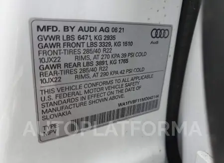 AUDI Q8 PRESTIG 2021 vin WA1FVBF11MD042144 from auto auction Copart