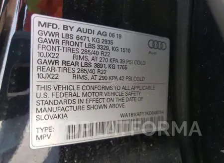 AUDI Q8 PREMIUM 2019 vin WA1BVAF17KD046754 from auto auction Copart