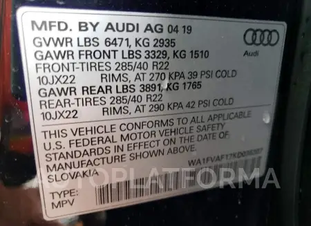 AUDI Q8 PRESTIG 2019 vin WA1FVAF17KD036307 from auto auction Copart