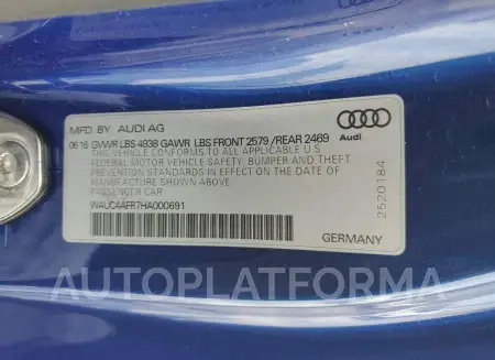 AUDI S5 2017 vin WAUC4AFR7HA000691 from auto auction Copart