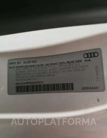 AUDI S5 PREMIUM 2016 vin WAUC4AFRXGA053433 from auto auction Copart