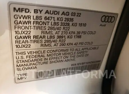 AUDI Q8 PREMIUM 2022 vin WA1EVBF10ND022996 from auto auction Copart