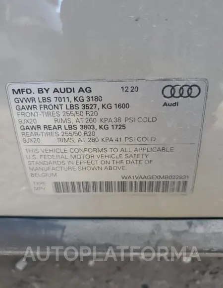 AUDI E-TRON PRE 2021 vin WA1VAAGEXMB022831 from auto auction Copart