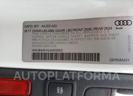 AUDI S4 PREMIUM 2018 vin WAUB4AF43JA003562 from auto auction Copart