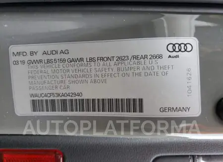 AUDI S5 PRESTIG 2019 vin WAUC4CF53KA042940 from auto auction Copart