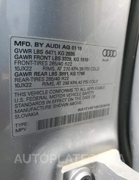 AUDI Q8 PREMIUM 2019 vin WA1EVAF10KD026245 from auto auction Copart