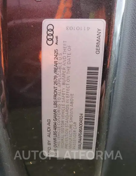 AUDI S5 PRESTIG 2019 vin WAUR4AF54KA004924 from auto auction Copart