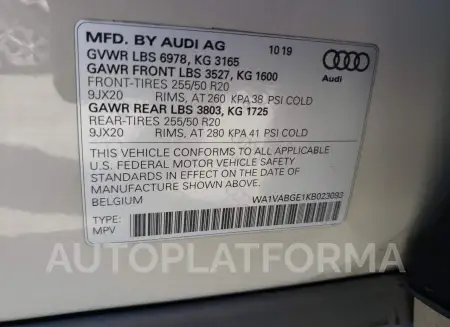 AUDI E-TRON PRE 2019 vin WA1VABGE1KB023093 from auto auction Copart