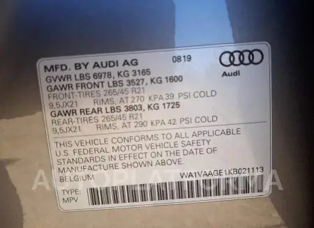 AUDI E-TRON PRE 2019 vin WA1VAAGE1KB021113 from auto auction Copart