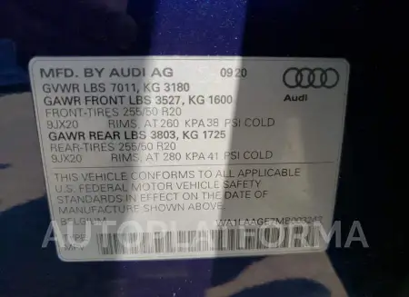 AUDI E-TRON PRE 2021 vin WA1LAAGE7MB003242 from auto auction Copart