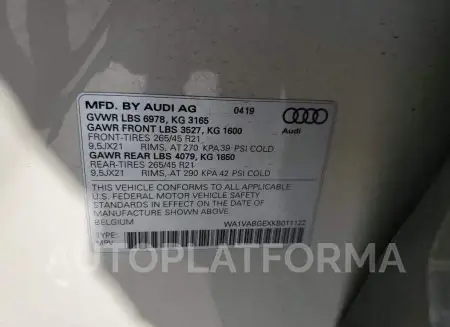 AUDI E-TRON PRE 2019 vin WA1VABGEXKB011122 from auto auction Copart