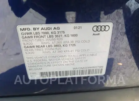 AUDI E-TRON SPO 2021 vin WA12AAGE6MB027589 from auto auction Copart