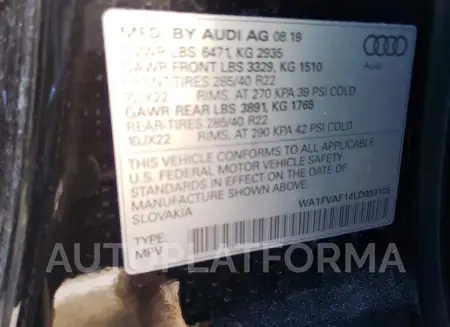 AUDI Q8 PRESTIG 2020 vin WA1FVAF14LD003105 from auto auction Copart