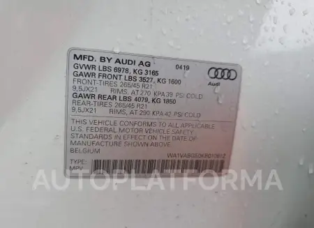 AUDI E-TRON PRE 2019 vin WA1VABGE0KB010612 from auto auction Copart