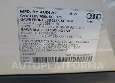 AUDI E-TRON SPO 2021 vin WA11AAGE3MB025827 from auto auction Copart