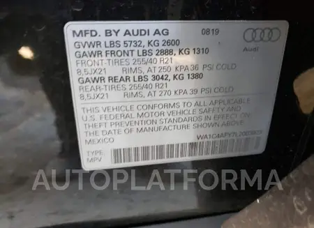 AUDI SQ5 PRESTI 2020 vin WA1C4AFY7L2003923 from auto auction Copart