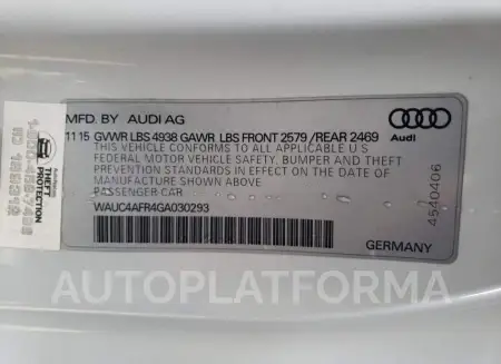 AUDI S5 PREMIUM 2016 vin WAUC4AFR4GA030293 from auto auction Copart