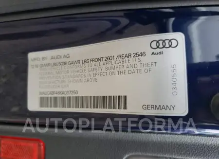 AUDI S4 PRESTIG 2019 vin WAUC4BF46KA037250 from auto auction Copart