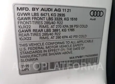 AUDI Q8 PRESTIG 2022 vin WA1FVBF17ND008582 from auto auction Copart