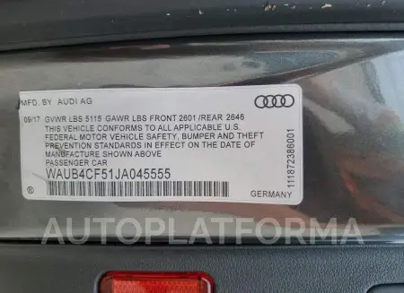 AUDI S5 PREMIUM 2018 vin WAUB4CF51JA045555 from auto auction Copart