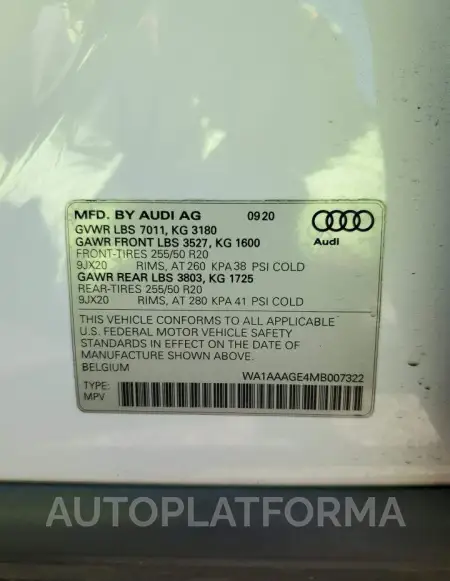 AUDI E-TRON PRE 2021 vin WA1AAAGE4MB007322 from auto auction Copart