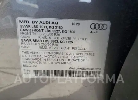 AUDI E-TRON PRE 2021 vin WA1LAAGE3MB012259 from auto auction Copart