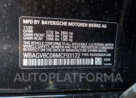 BMW M850XI 2021 vin WBAGV8C08MCF93122 from auto auction Copart