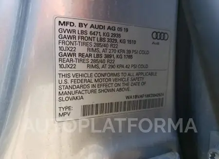 AUDI Q8 PREMIUM 2019 vin WA1BVAF18KD042924 from auto auction Copart