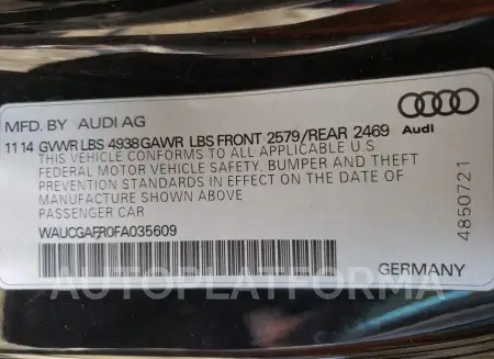 AUDI S5 PREMIUM 2015 vin WAUCGAFR0FA035609 from auto auction Copart