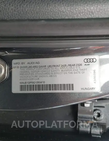 AUDI S3 PREMIUM 2016 vin WAUB1GFF9G1050410 from auto auction Copart