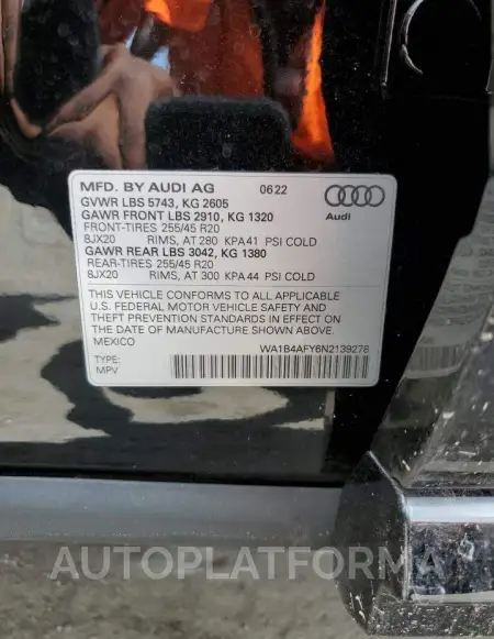 AUDI SQ5 PREMIU 2022 vin WA1B4AFY6N2139278 from auto auction Copart