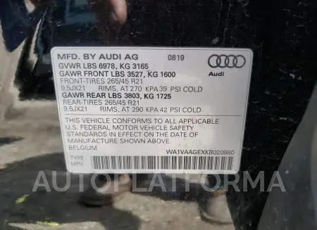 AUDI E-TRON PRE 2019 vin WA1VAAGEXKB020980 from auto auction Copart