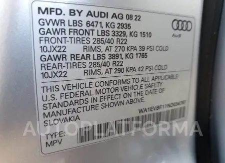 AUDI Q8 PREMIUM 2022 vin WA1EVBF11ND034767 from auto auction Copart