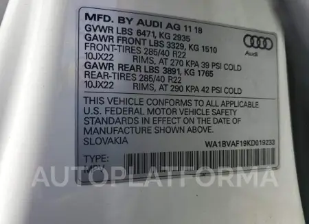 AUDI Q8 PREMIUM 2019 vin WA1BVAF19KD019233 from auto auction Copart