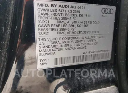 AUDI Q8 PREMIUM 2021 vin WA1EVAF11MD038164 from auto auction Copart