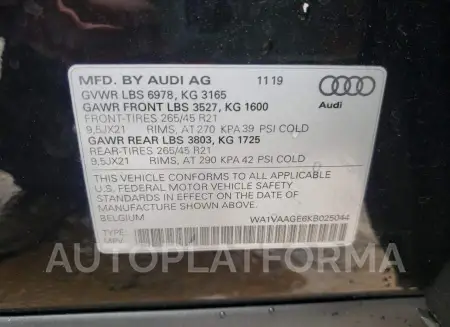 AUDI E-TRON PRE 2019 vin WA1VAAGE6KB025044 from auto auction Copart