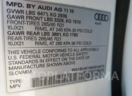 AUDI Q8 PREMIUM 2019 vin WA1BVAF19KD018275 from auto auction Copart