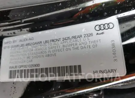 AUDI S3 PREMIUM 2016 vin WAUB1GFF0G1025900 from auto auction Copart