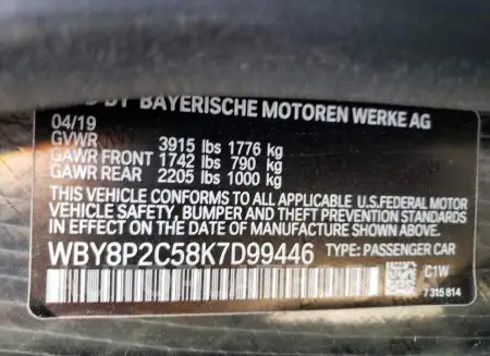 BMW I3 BEV 2019 vin WBY8P2C58K7D99446 from auto auction Copart