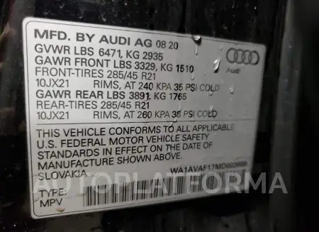 AUDI Q8 PREMIUM 2021 vin WA1AVAF17MD003689 from auto auction Copart