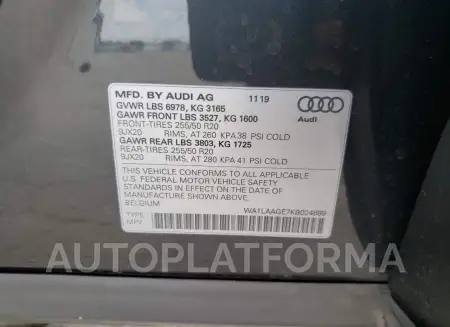 AUDI E-TRON PRE 2019 vin WA1LAAGE7KB024699 from auto auction Copart